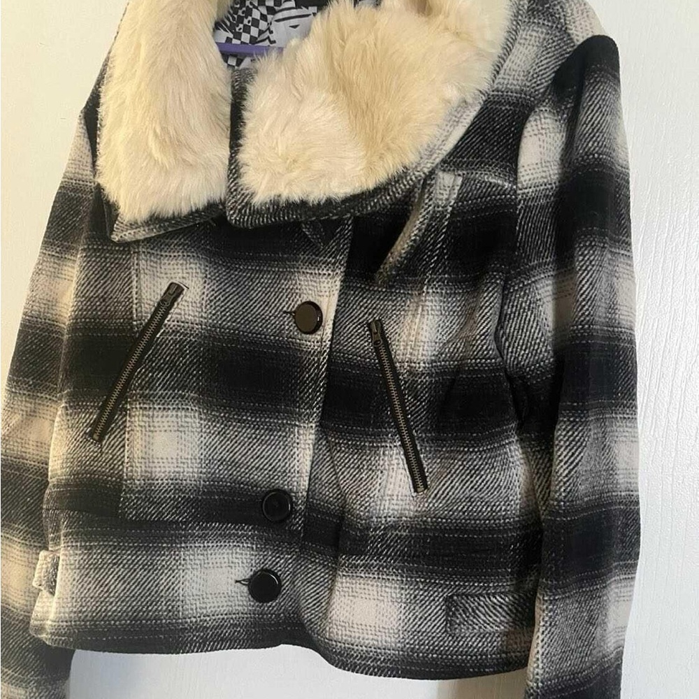 Chic Plaid Teddy Jacket with Faux Fur Collar